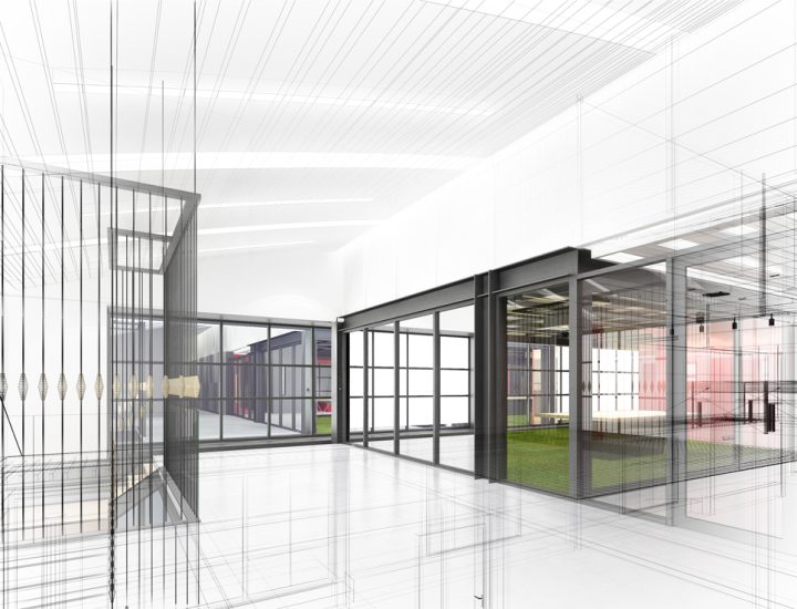 sketch design of interior hall, 3d rendering